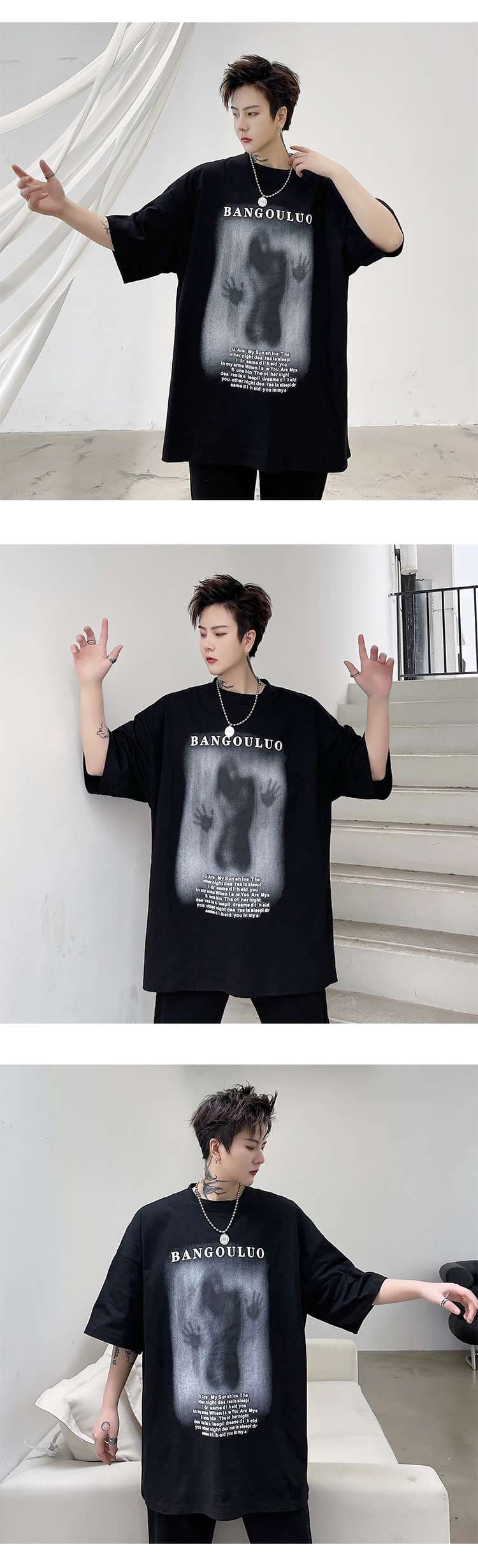 黒コーデ BANGOULUOグラフィックオーバーサイズTシャツ