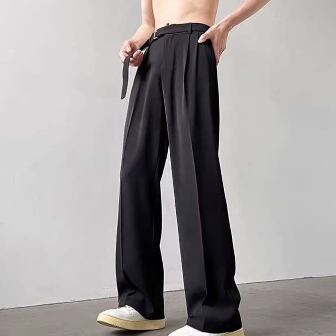 黒コーデ ハイウエストワイドレッグベルテッドパンツ