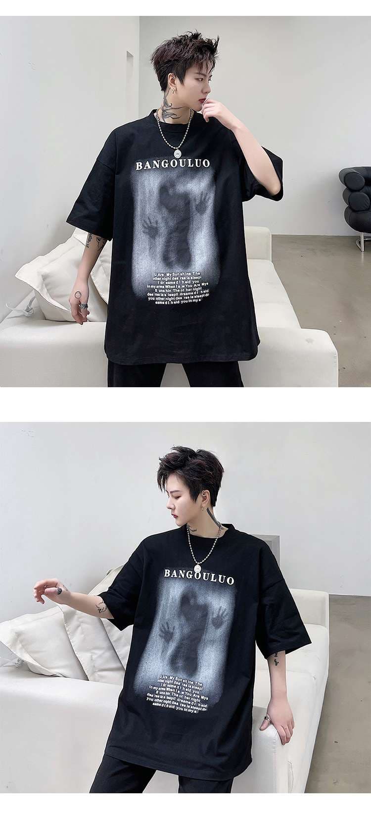 黒コーデ BANGOULUOグラフィックオーバーサイズTシャツ