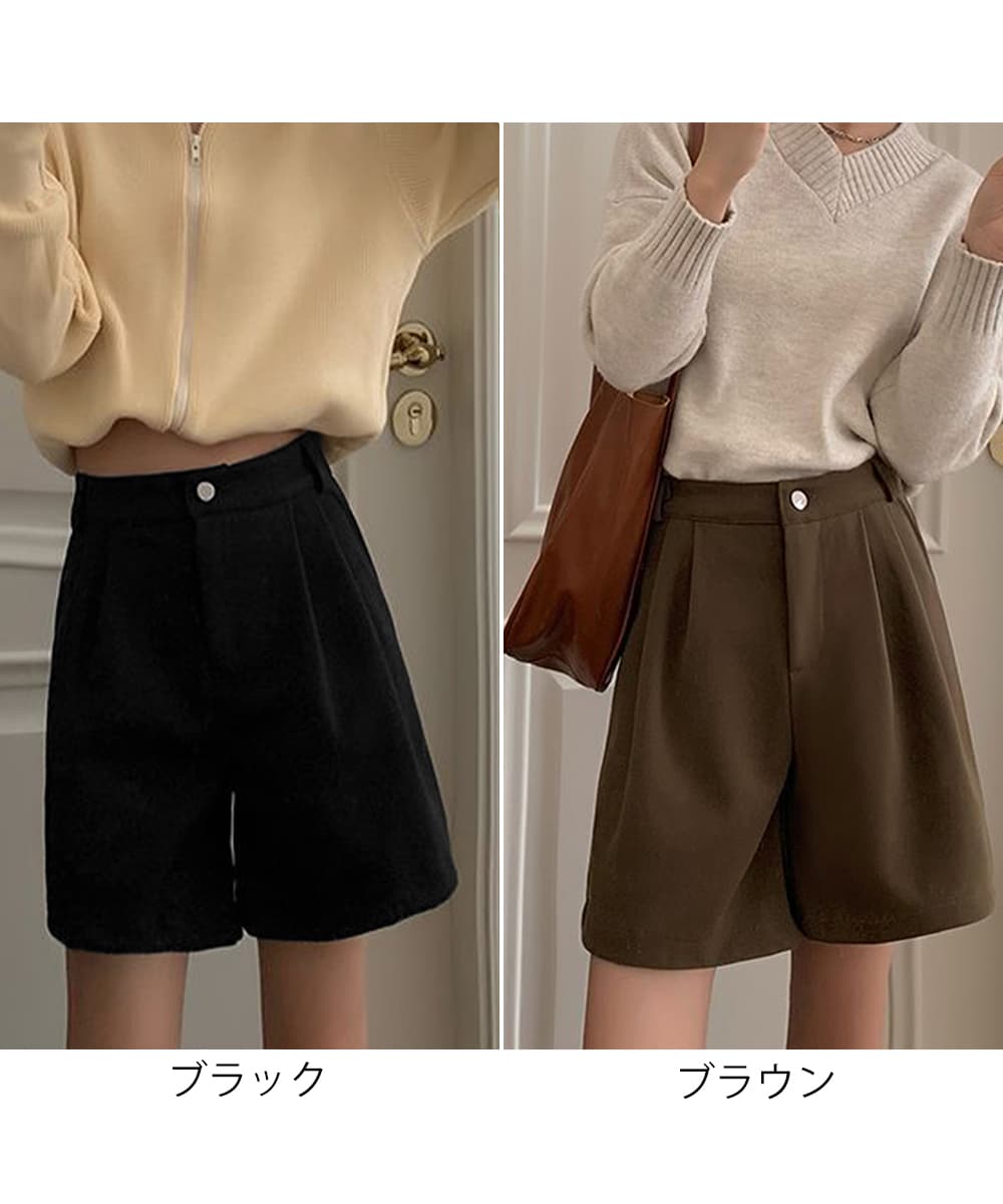 黒コーデ タック入りハイウエストショートパンツ