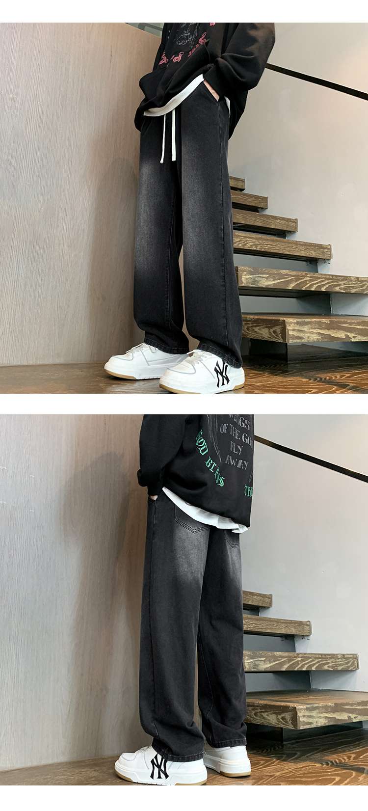 黒コーデ リラックスフィット ワイドデニムパンツ
