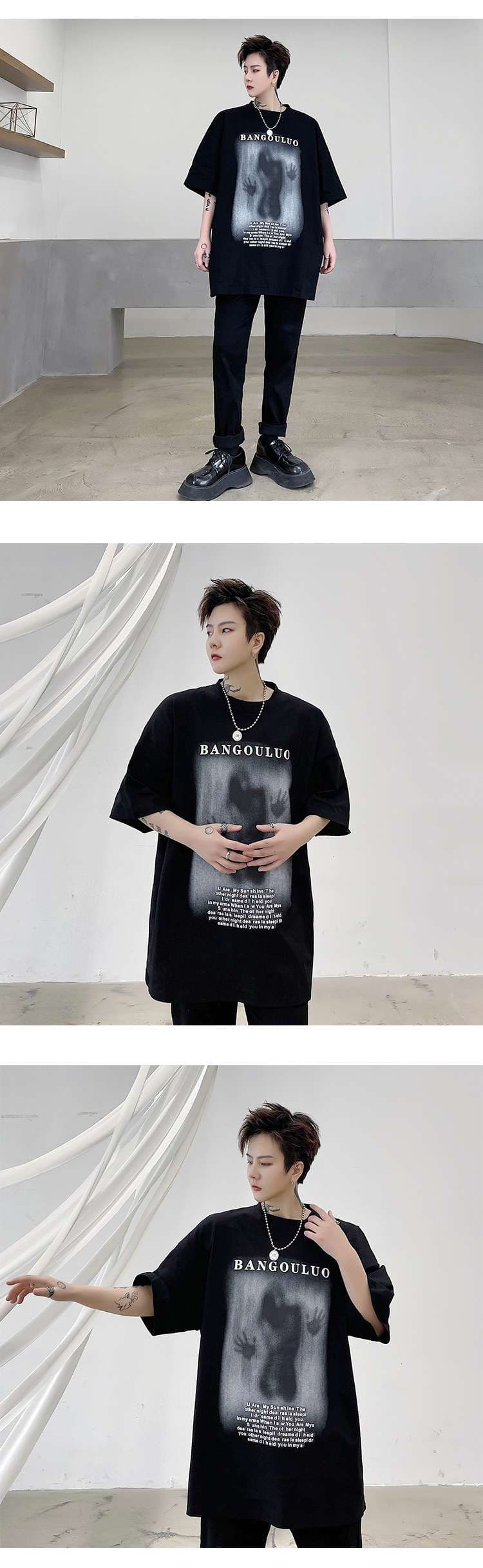 黒コーデ BANGOULUOグラフィックオーバーサイズTシャツ