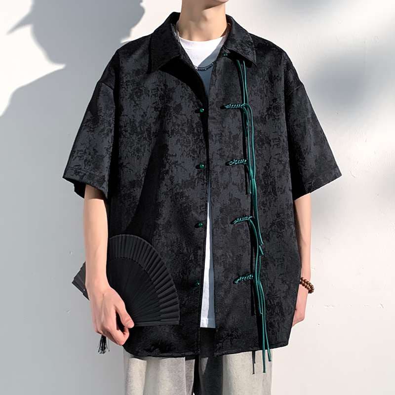 黒コーデ 和風モダン ショート袖シャツジャケット