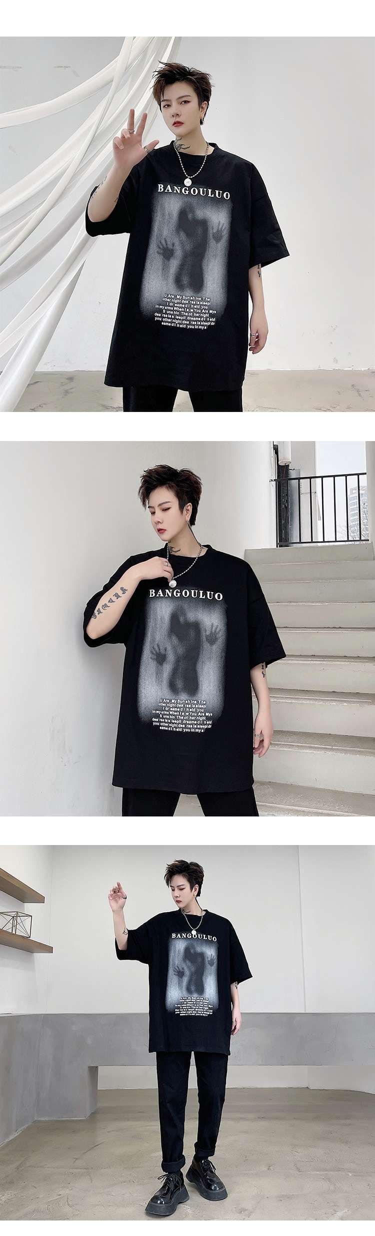 黒コーデ BANGOULUOグラフィックオーバーサイズTシャツ