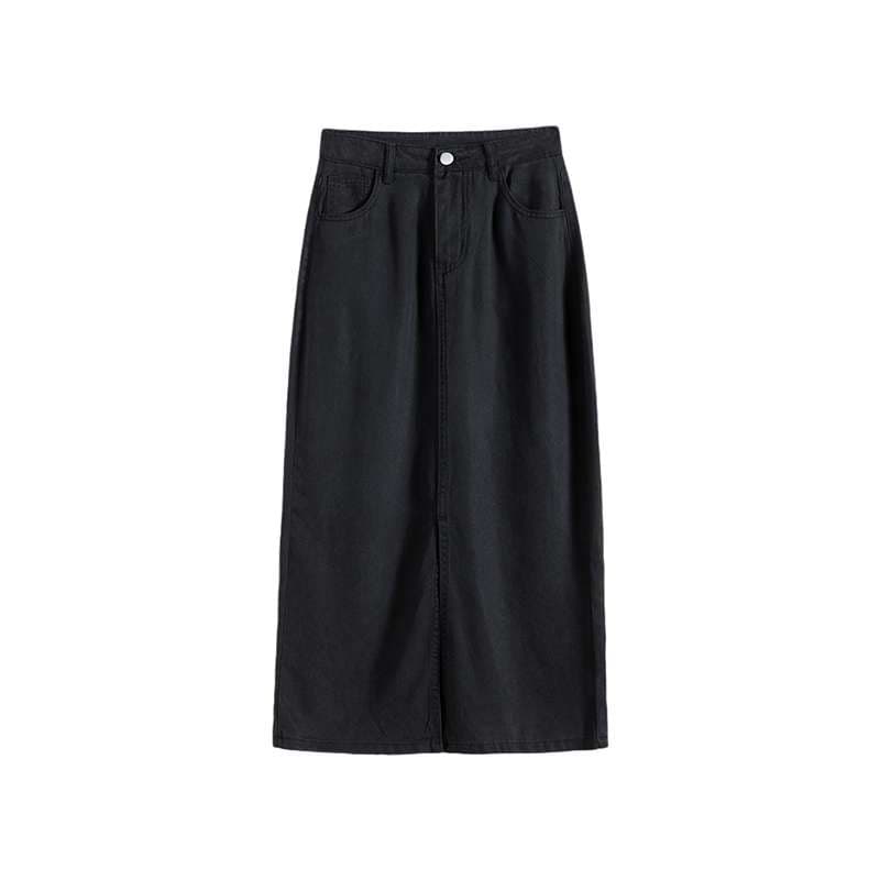 黒コーデ デニムロングスリットスカート