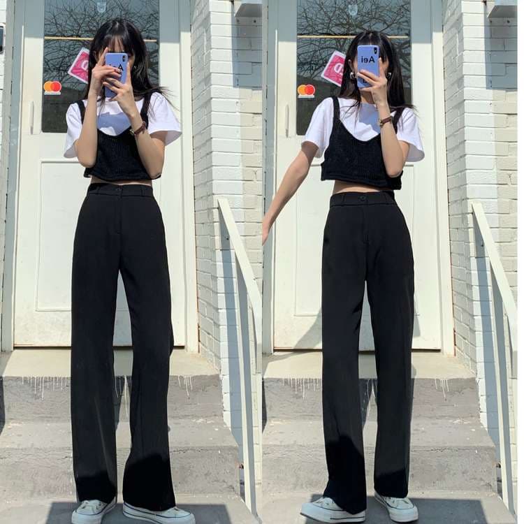 黒コーデ ゆったりストレートスラックス