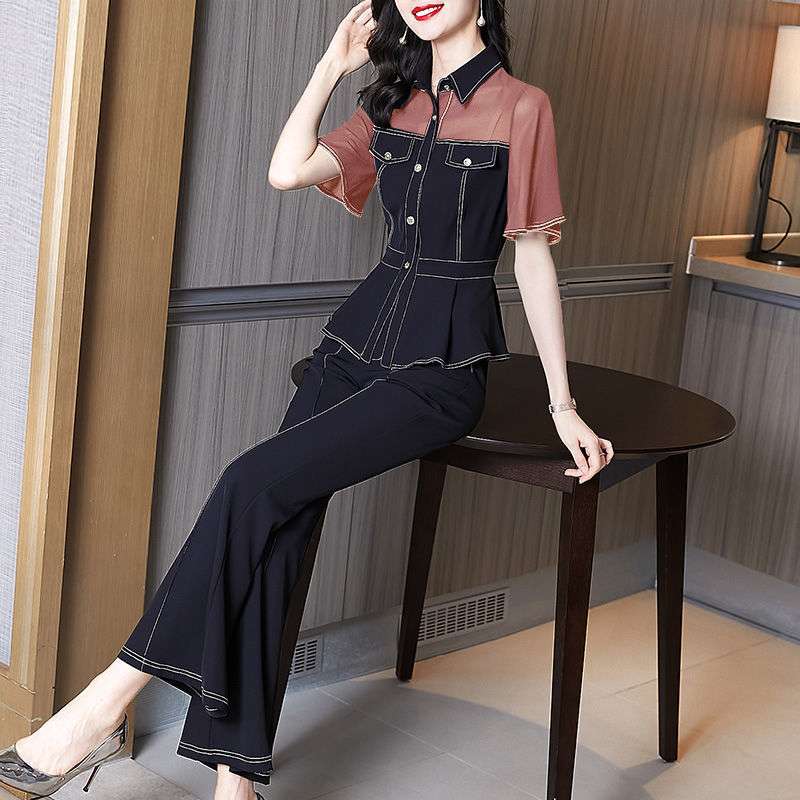 黒コーデ エレガントコントラストステッチワイドパンツセットアップ