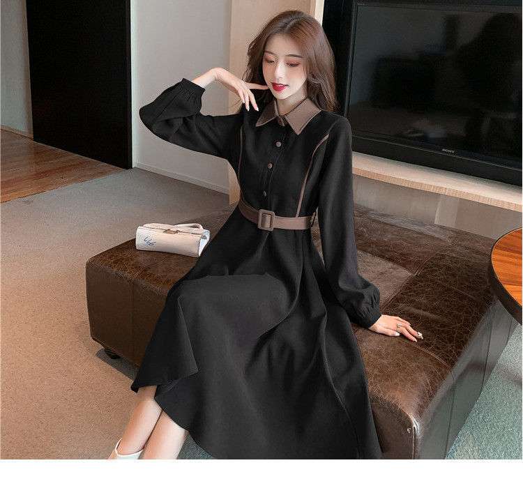 黒コーデ エレガントベルト付きロングシャツワンピース