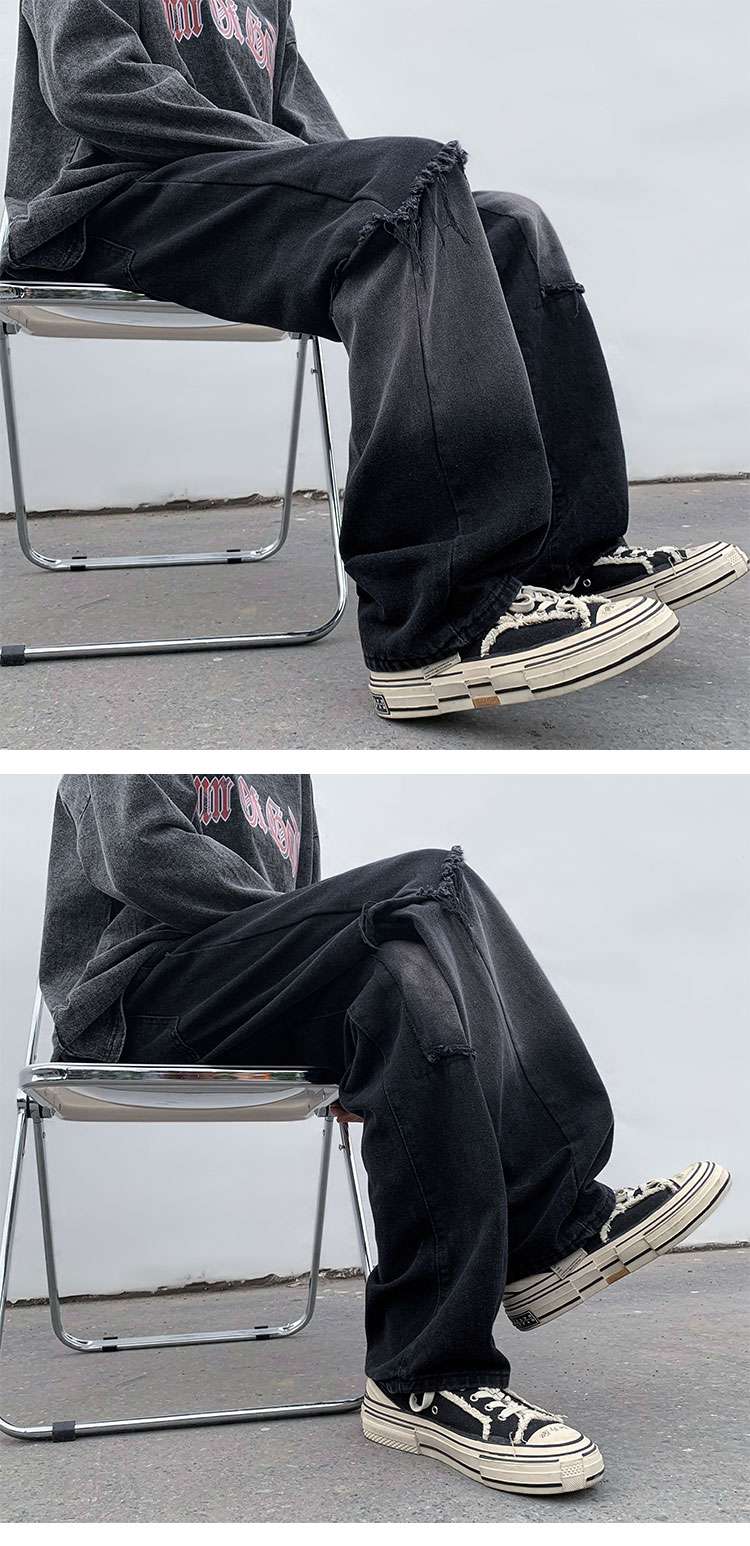 黒コーデ ダメージ加工ワイドデニムパンツ