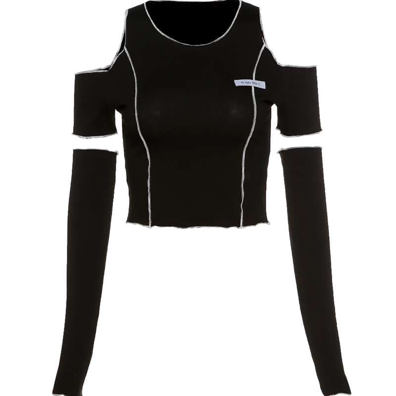 黒コーデ オフショルダーアシンメトリークロップドTシャツ