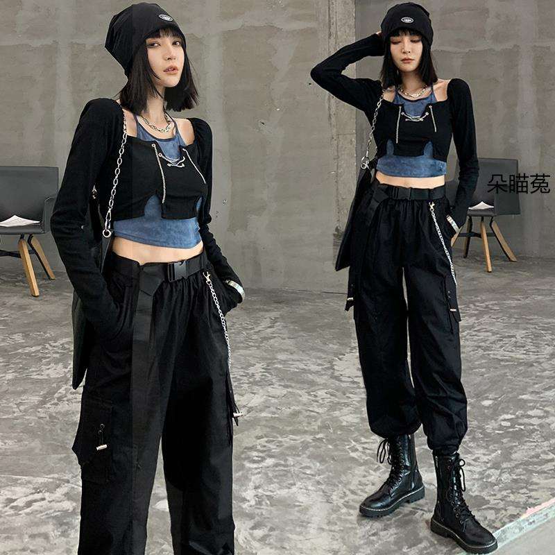 黒コーデ ストリート系カーゴパンツセット