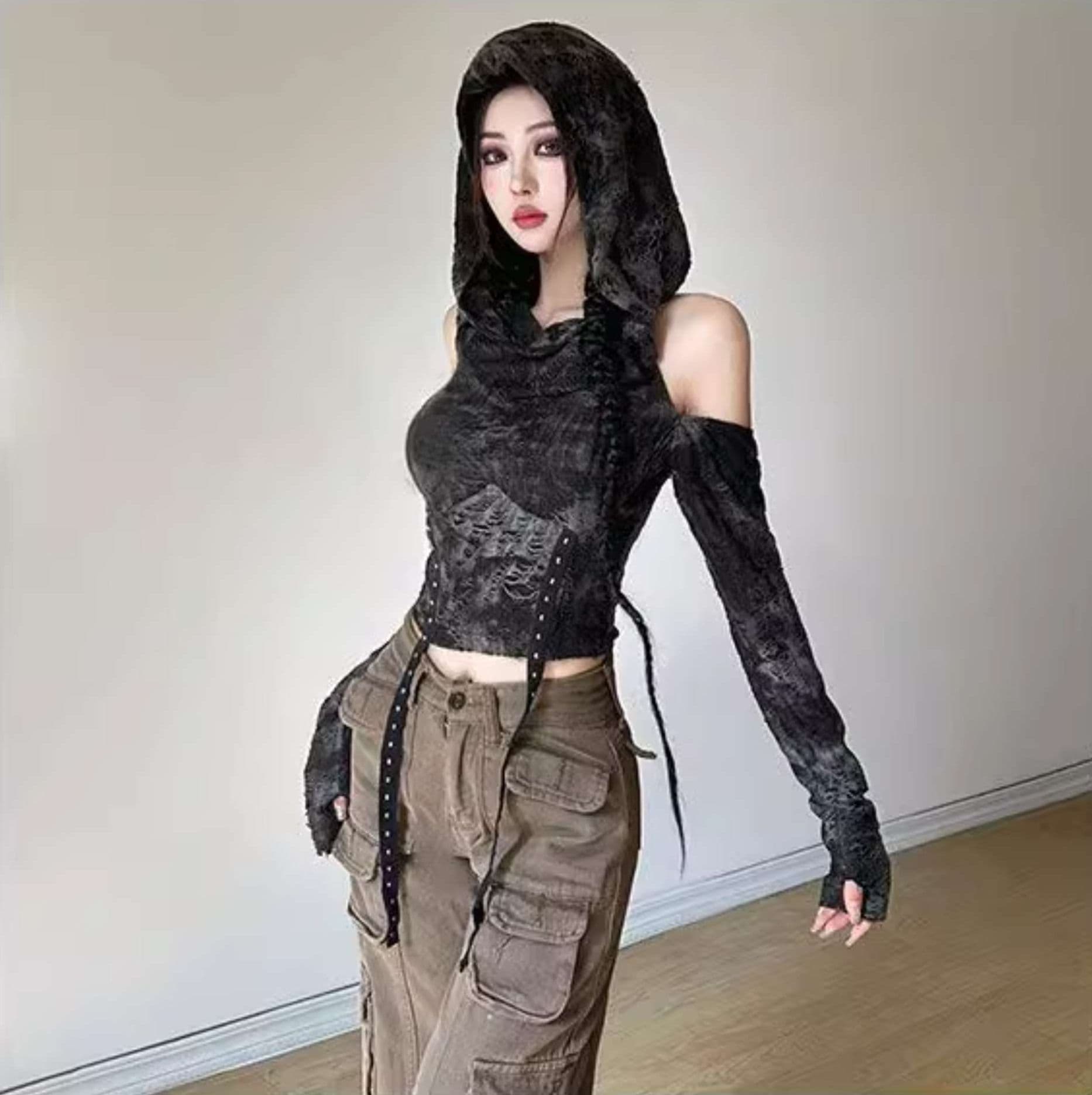 黒コーデ ゴシックフード付きオフショルダーコルセットトップス