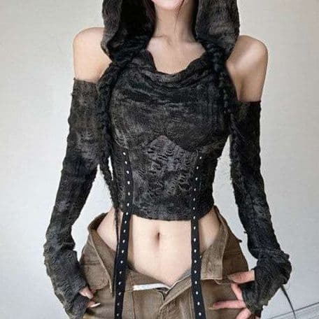 黒コーデ ゴシックフード付きオフショルダーコルセットトップス
