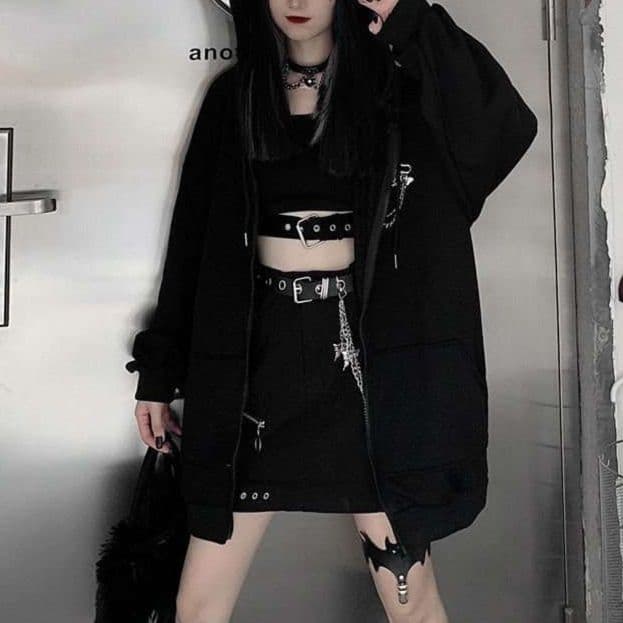 黒コーデ 悪魔耳フード付きジップアップパーカー