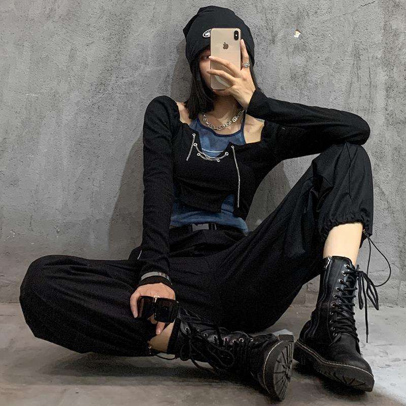 黒コーデ ストリート系カーゴパンツセット
