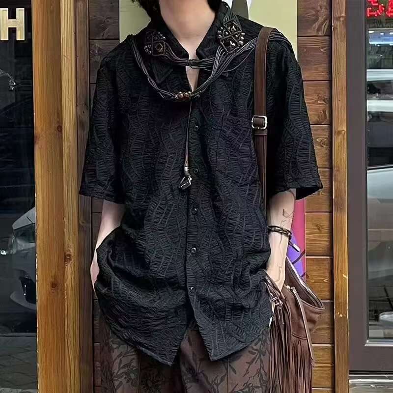 黒コーデ モードスパイダーウェブオーバーサイズシャツ
