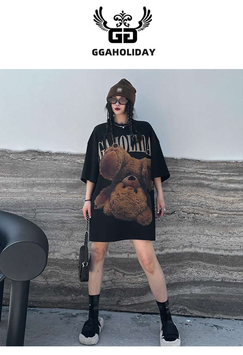 黒コーデ ギガホリダ テディベアビッグTシャツワンピ