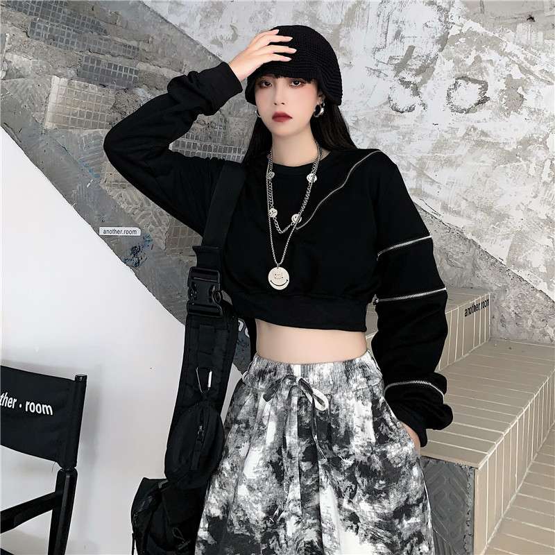 黒コーデ モードZIPクロップドトップス