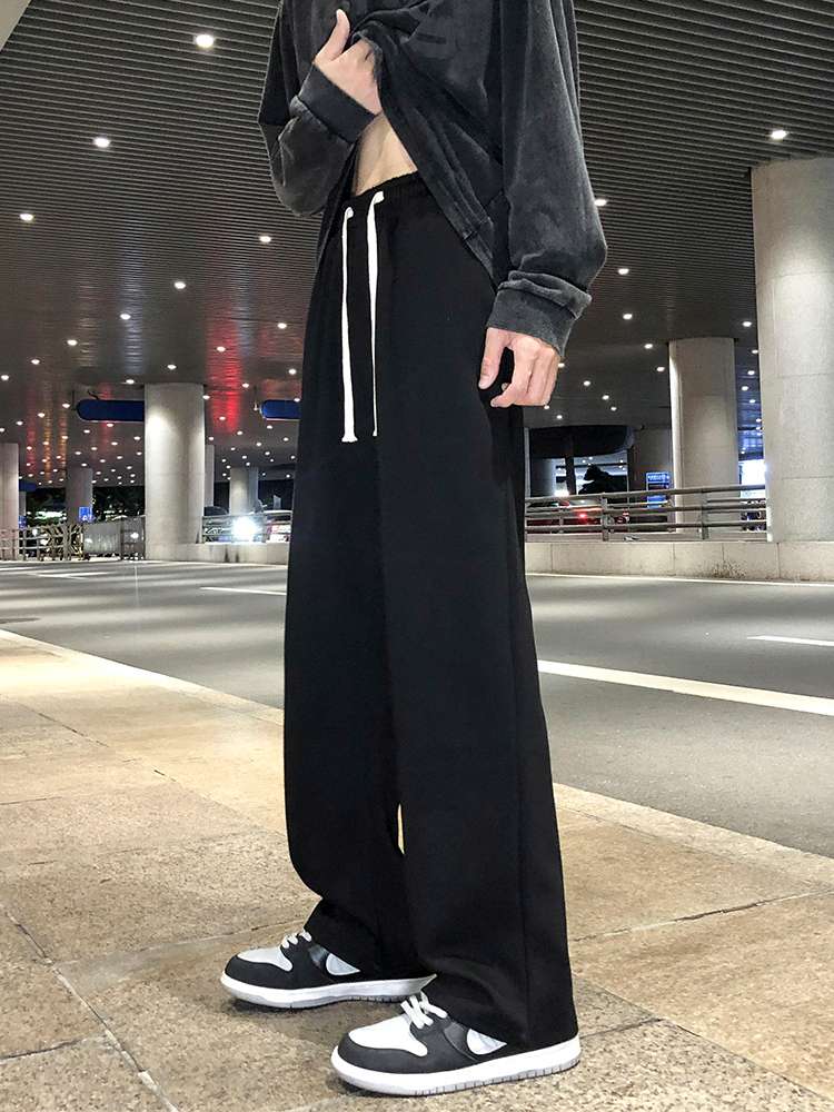 黒コーデ ドローストリング ワイドレッグ リラックスパンツ