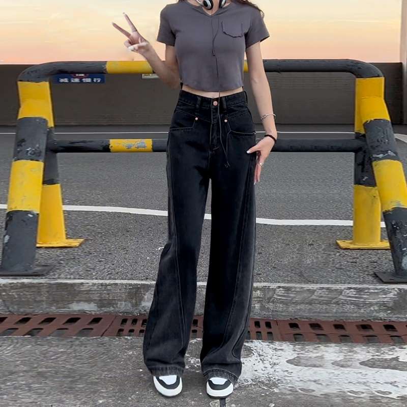 黒コーデ ストリートスタイル ワイドデニムパンツ