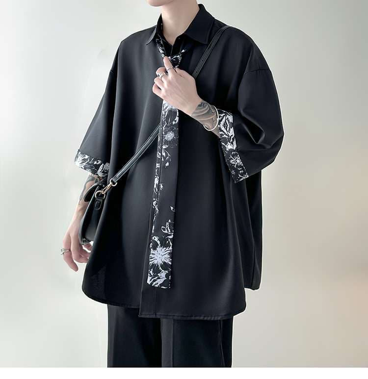 黒コーデ モノトーンフローラル オーバーサイズシャツ
