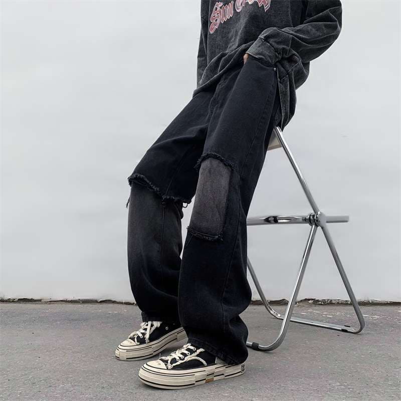 黒コーデ ダメージ加工ワイドデニムパンツ