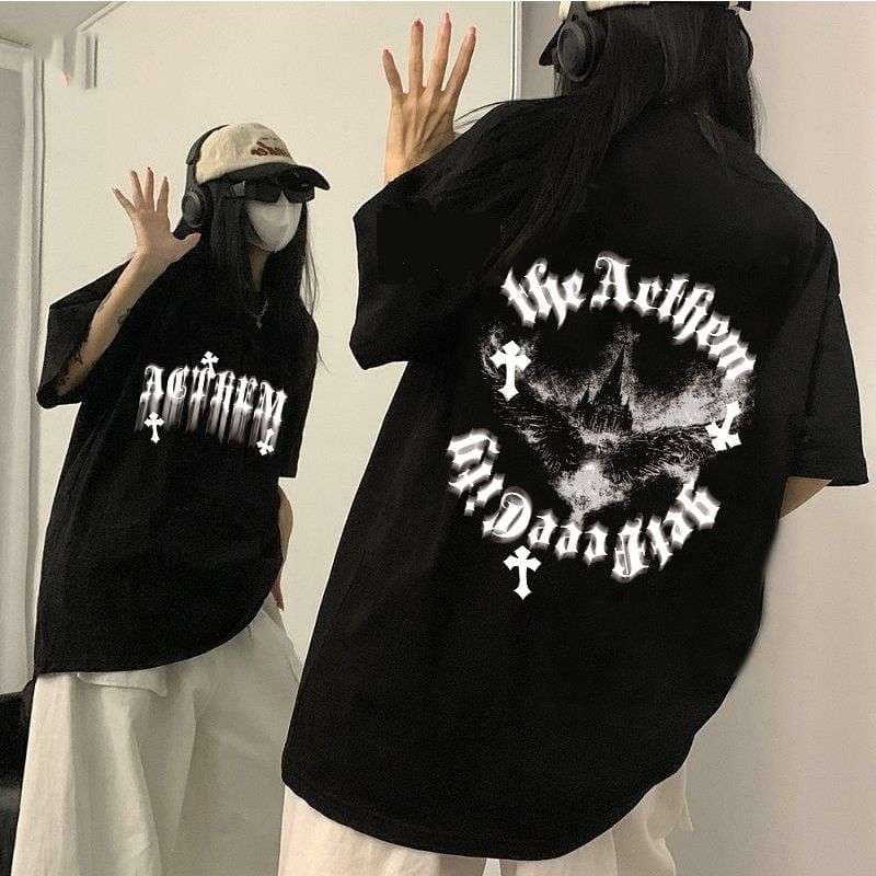 黒コーデ ゴシックデザイン オーバーサイズTシャツ