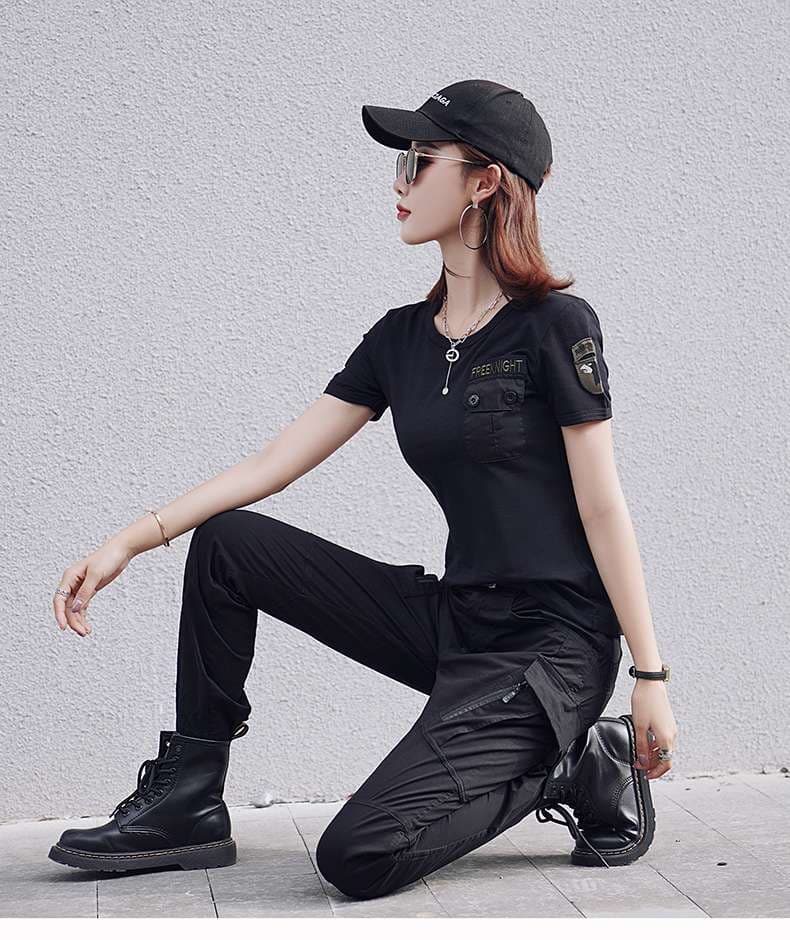 黒コーデ ミリタリー風ブラックTシャツ&キャップセット