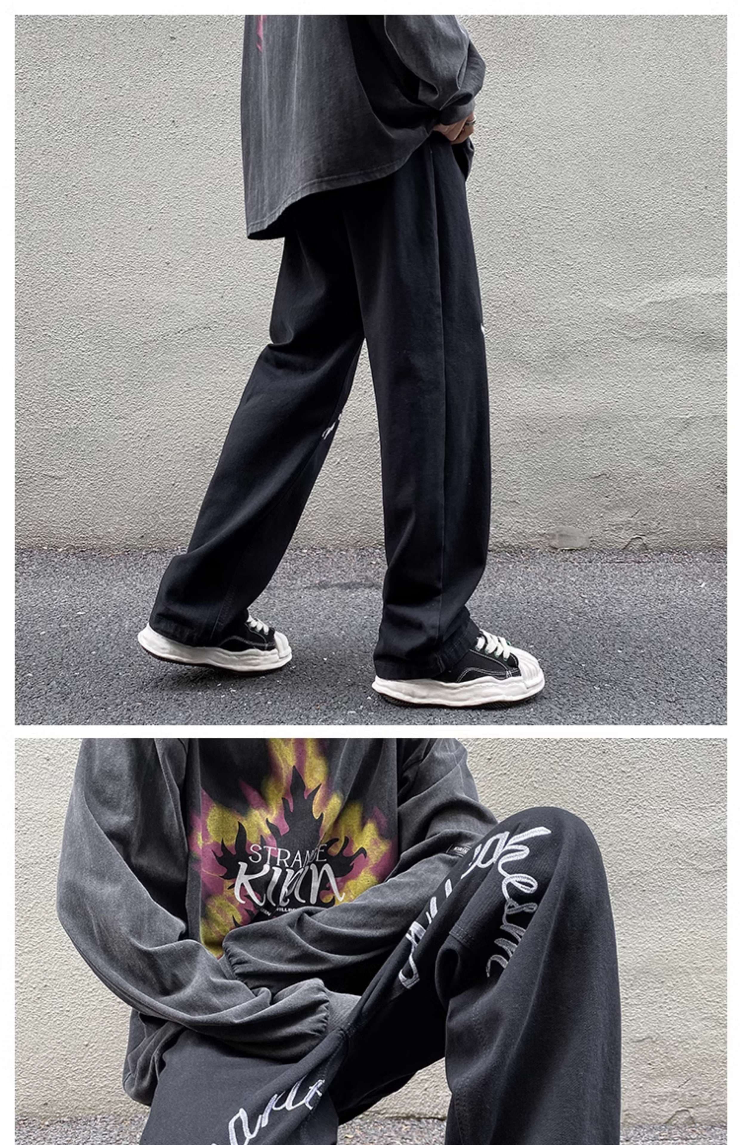 黒コーデ スクリプトロゴ ワイドデニムパンツ