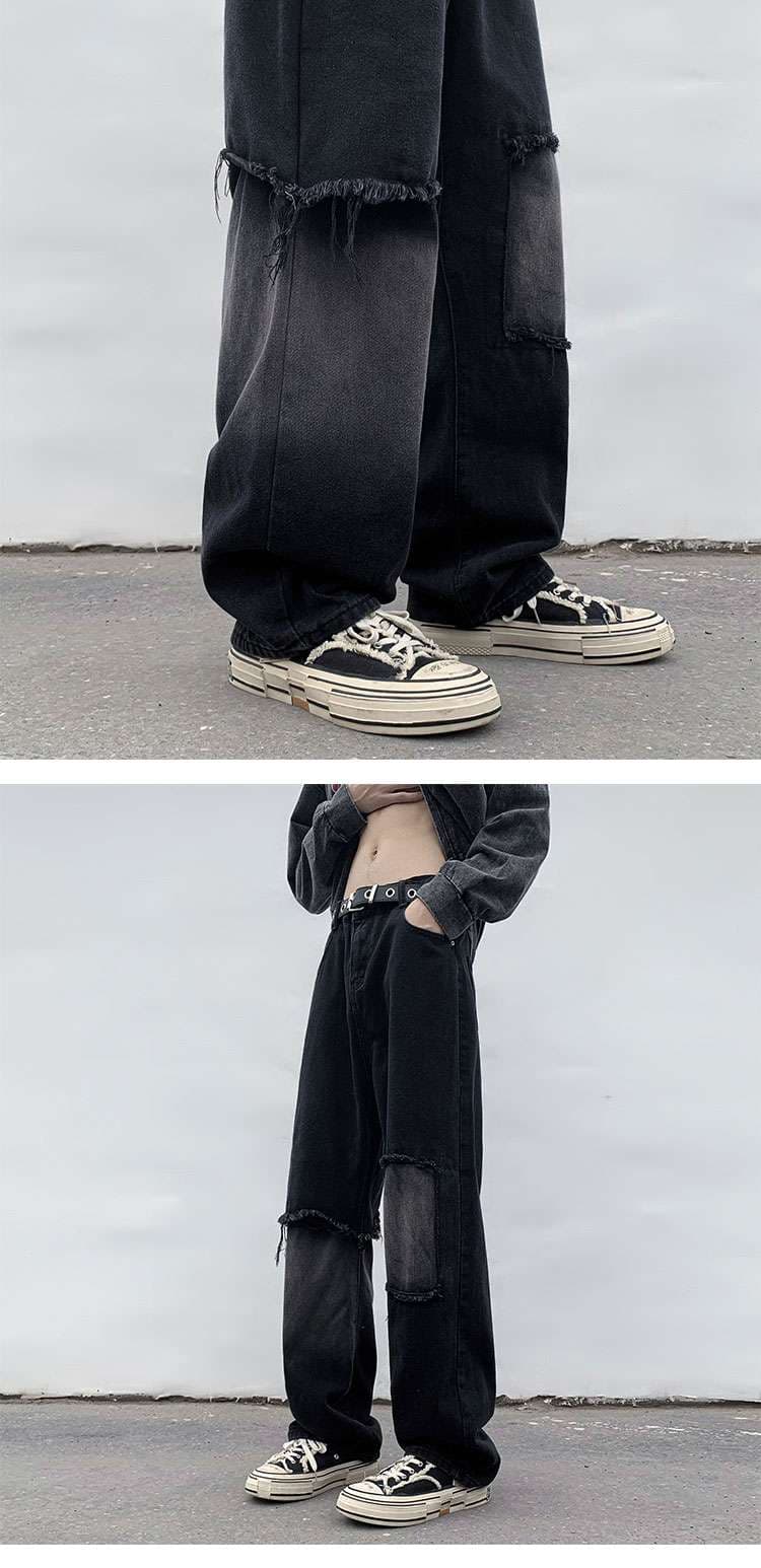 黒コーデ ダメージ加工ワイドデニムパンツ