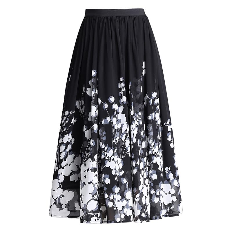 黒コーデ 裾花柄プリント入りフレアミモレ丈スカート