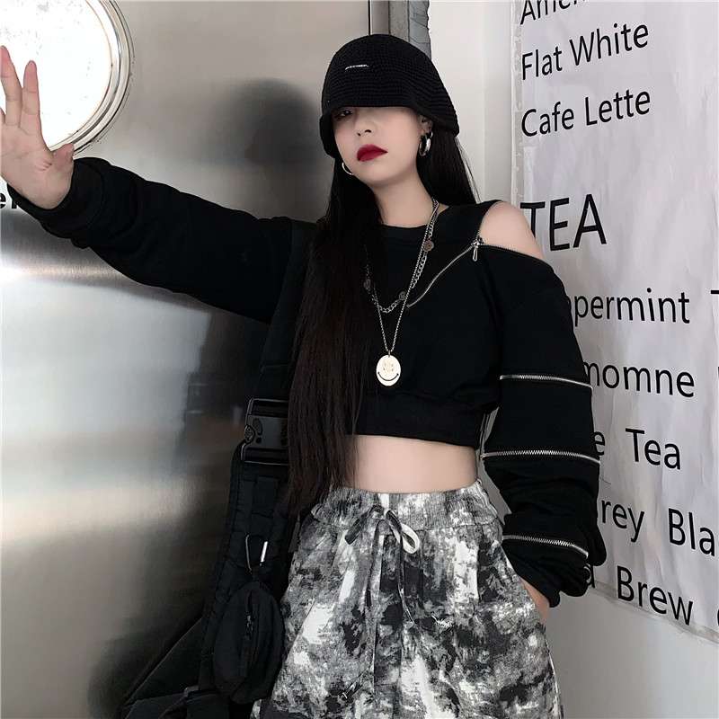 黒コーデ モードZIPクロップドトップス