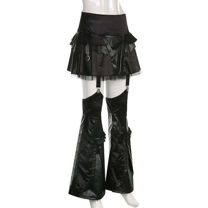 黒コーデ ゴシックフリルレザーフレアパンツ