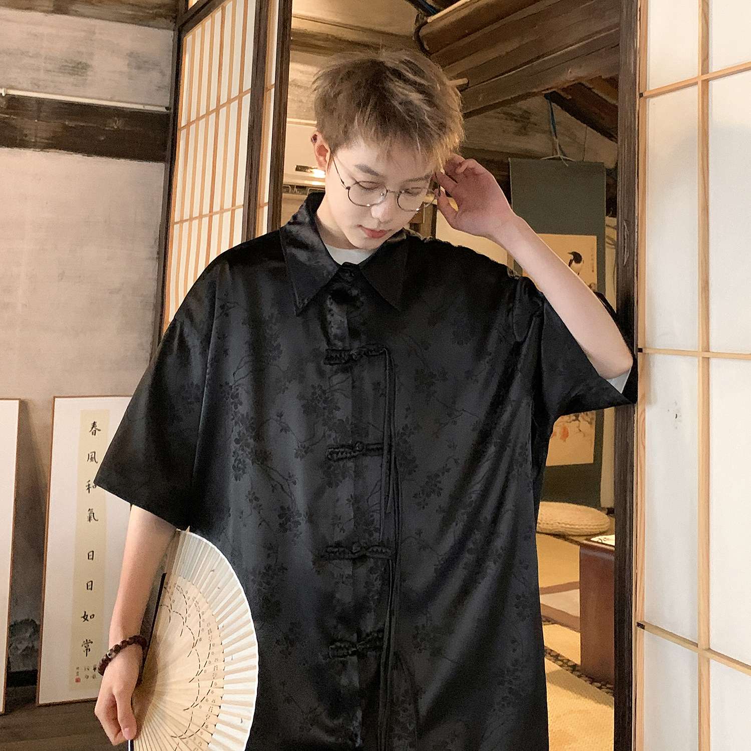 黒コーデ 和風モダン半袖チャイナジャケット
