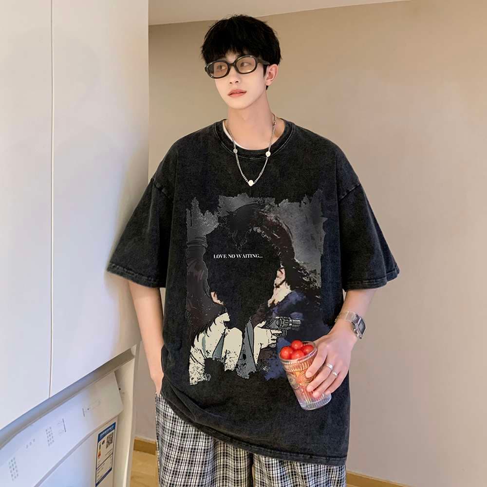 黒コーデ モノクロアートプリントオーバーサイズTシャツ