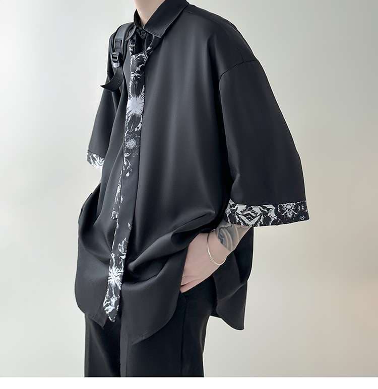 黒コーデ モノトーンフローラル オーバーサイズシャツ