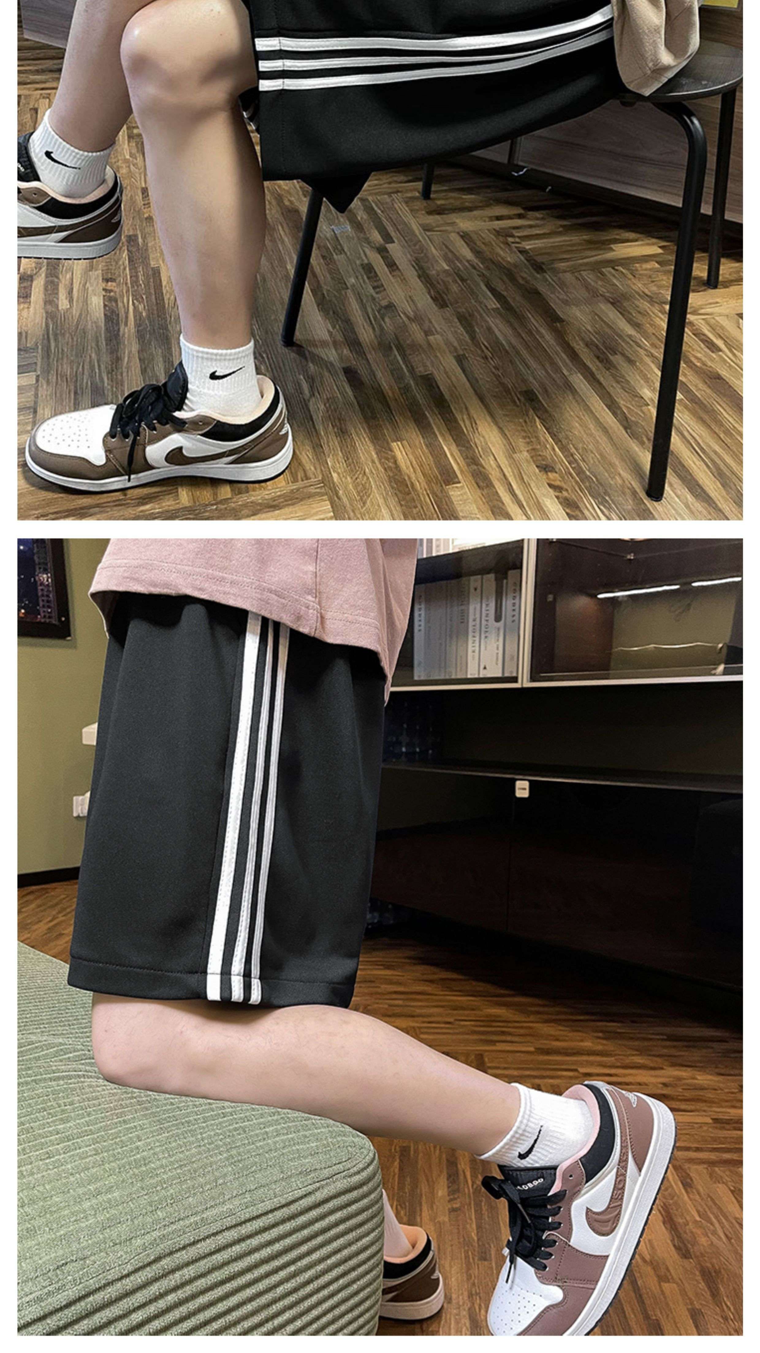 黒コーデ 三本線サイドラインワイドショートパンツ