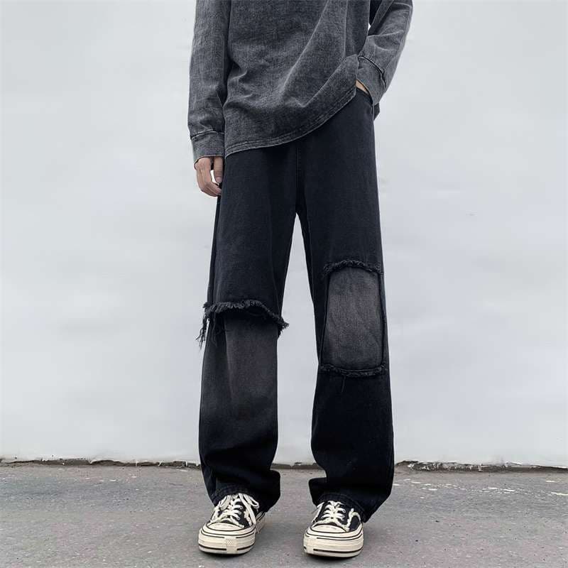 黒コーデ ダメージ加工ワイドデニムパンツ