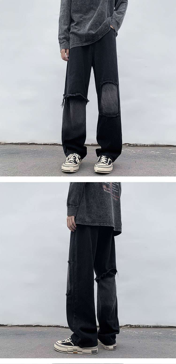 黒コーデ ダメージ加工ワイドデニムパンツ