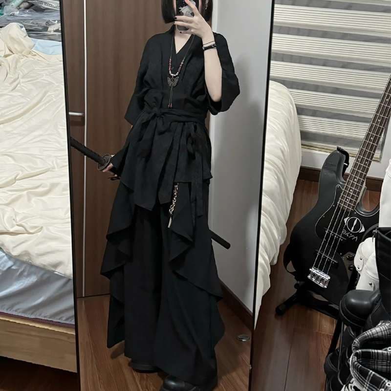 黒コーデ レイヤードデザイン和風ロングワンピース