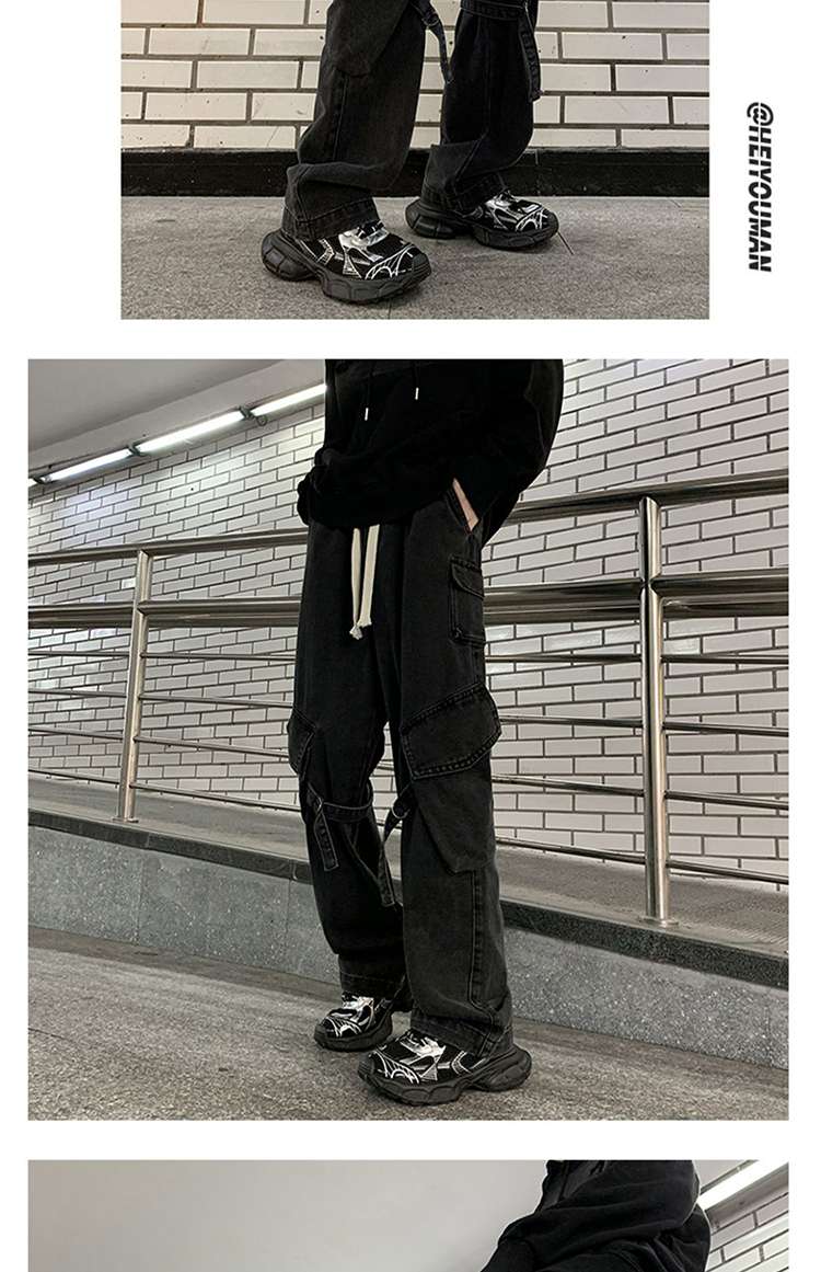 黒コーデ ストリートワイドカーゴパンツ