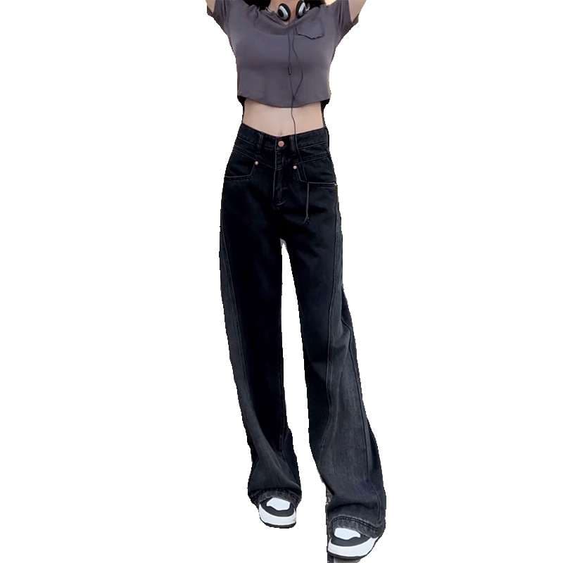 黒コーデ ストリートスタイル ワイドデニムパンツ