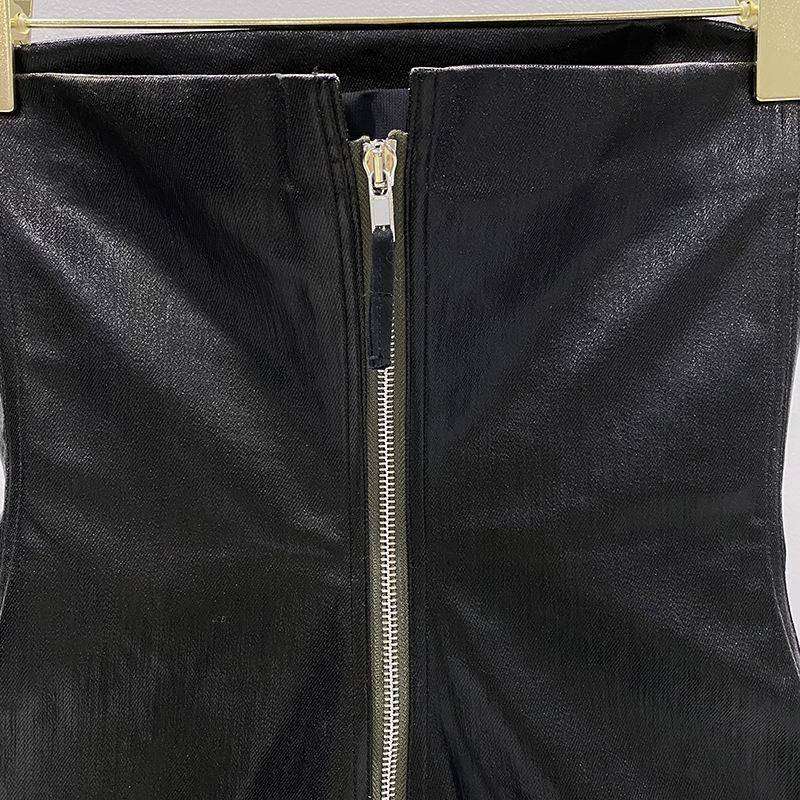 黒コーデ ストラップレス レザー風 タイトミニワンピース