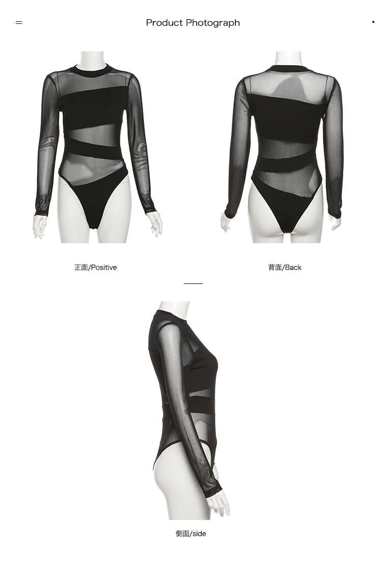 黒コーデ シースルーメッシュ切替クロップドトップス