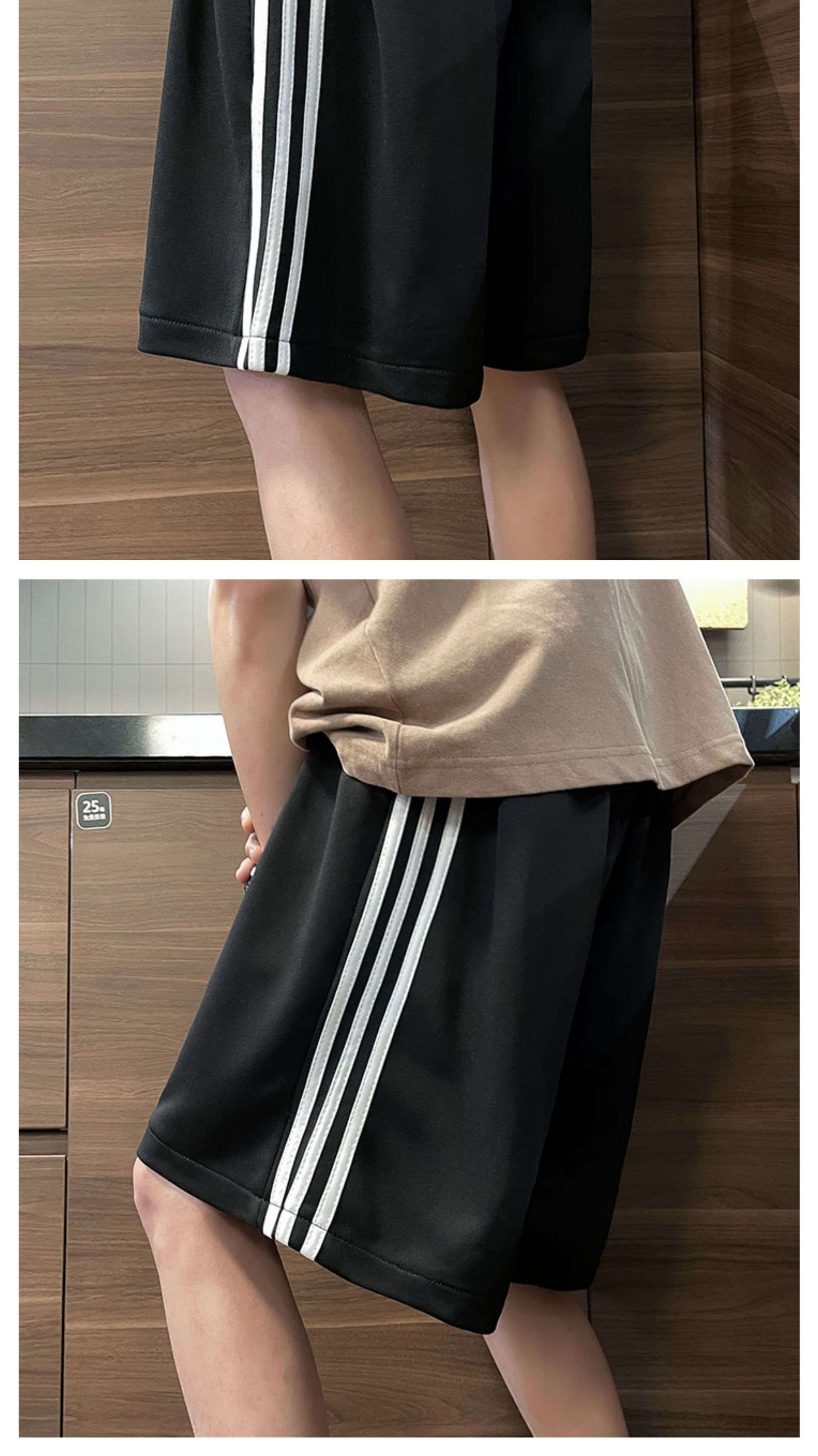 黒コーデ 三本線サイドラインワイドショートパンツ