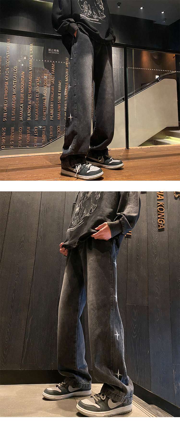 黒コーデ クロスステッチ デザイン ワイドデニム