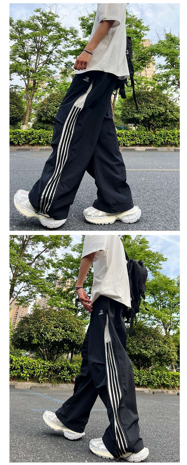黒コーデ スポーティーサイドラインワイドパンツ