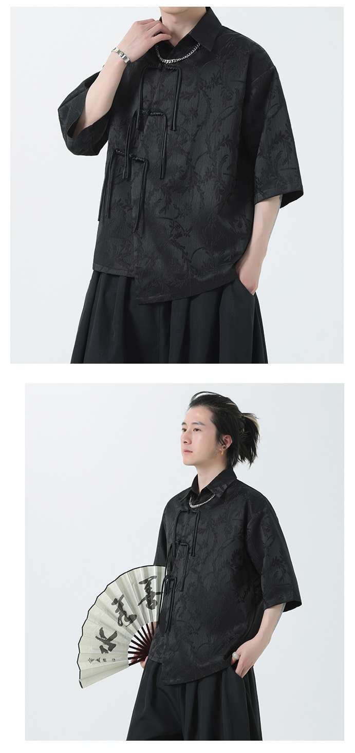 黒コーデ 和風モダン刺繍ショートスリーブシャツ