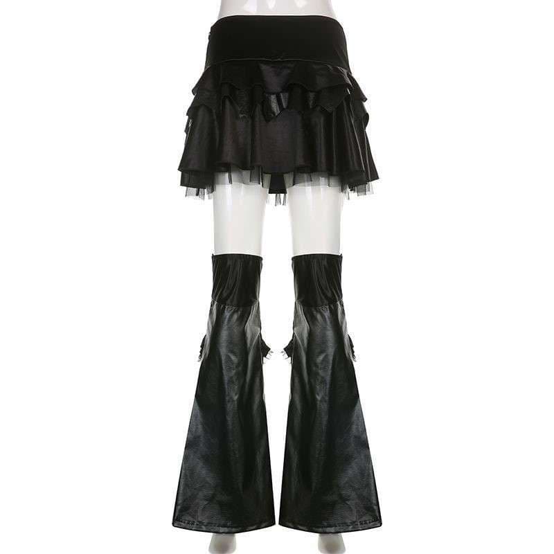 黒コーデ ゴシックフリルレザーフレアパンツ