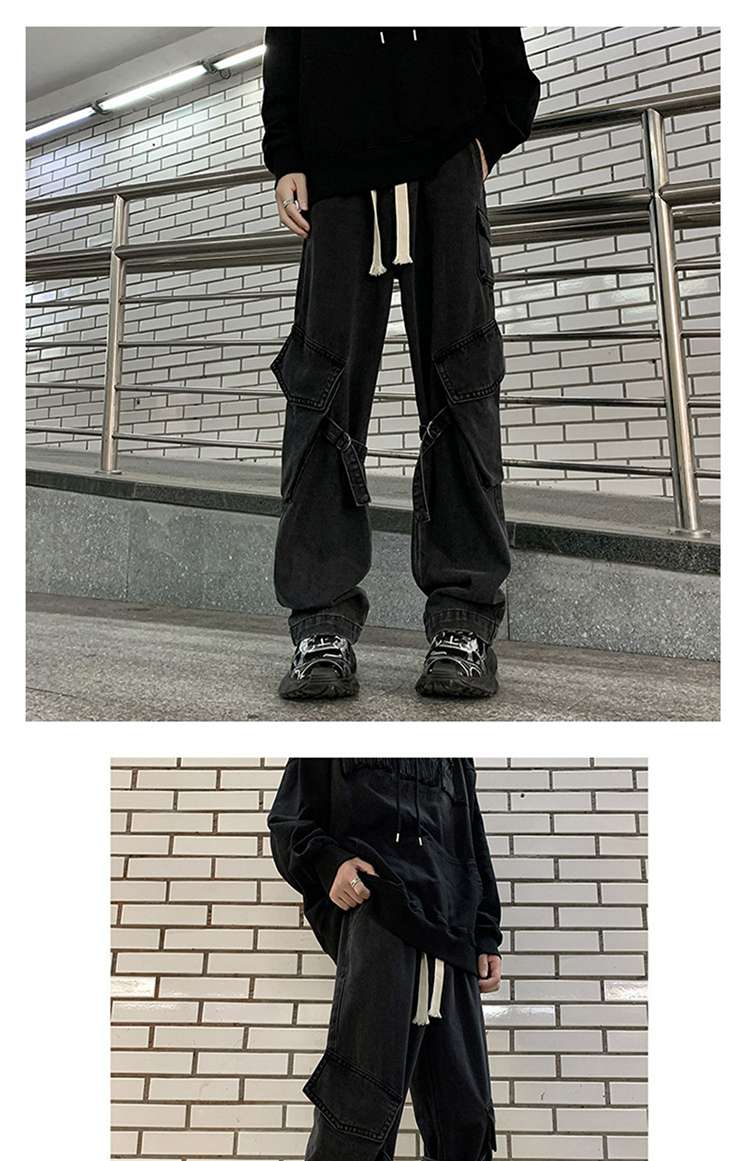 黒コーデ ストリートワイドカーゴパンツ